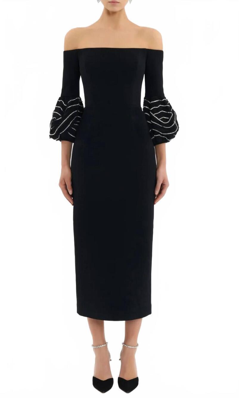 NEW REBECCA VALLANCE bellatrix off the shoulder midi dress in black